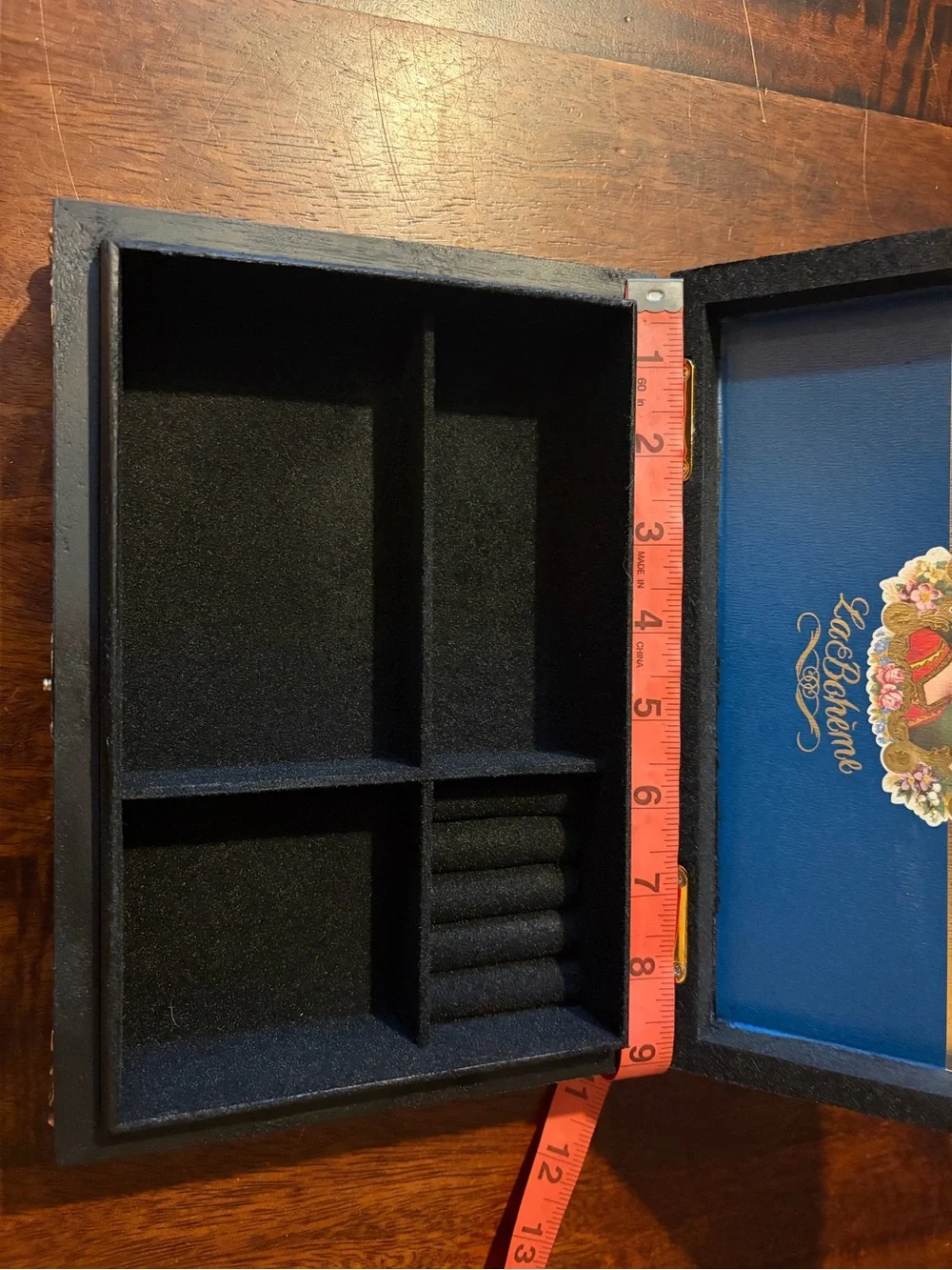Upcycled Aging Room La Bohème Cigar Box Jewelry Organizer Box, Black Interior